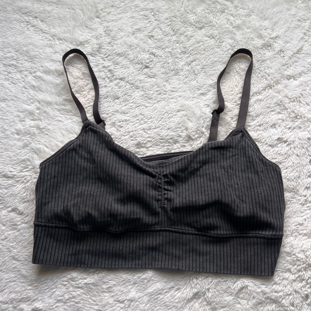 OFFLINE by Aerie Recharge Ribbed Cinched Front Sports Bra Charcoal Gray Large
